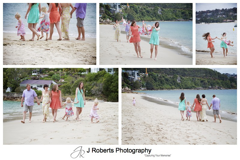 Family with 4 girls walking along the beach - sydney family portrait photography